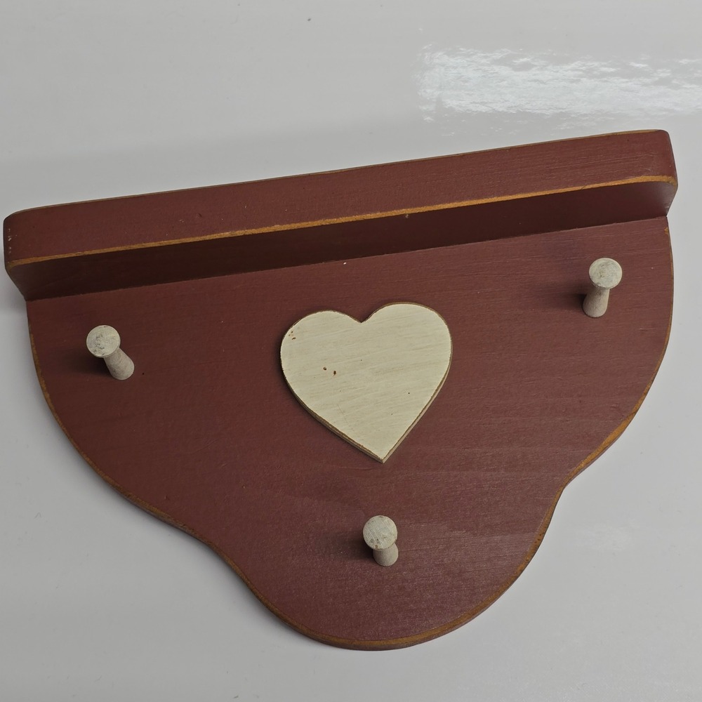 Handmade Wall Shelf Wood Heart 3 Peg Rack Rustic Primitive Americana Decor